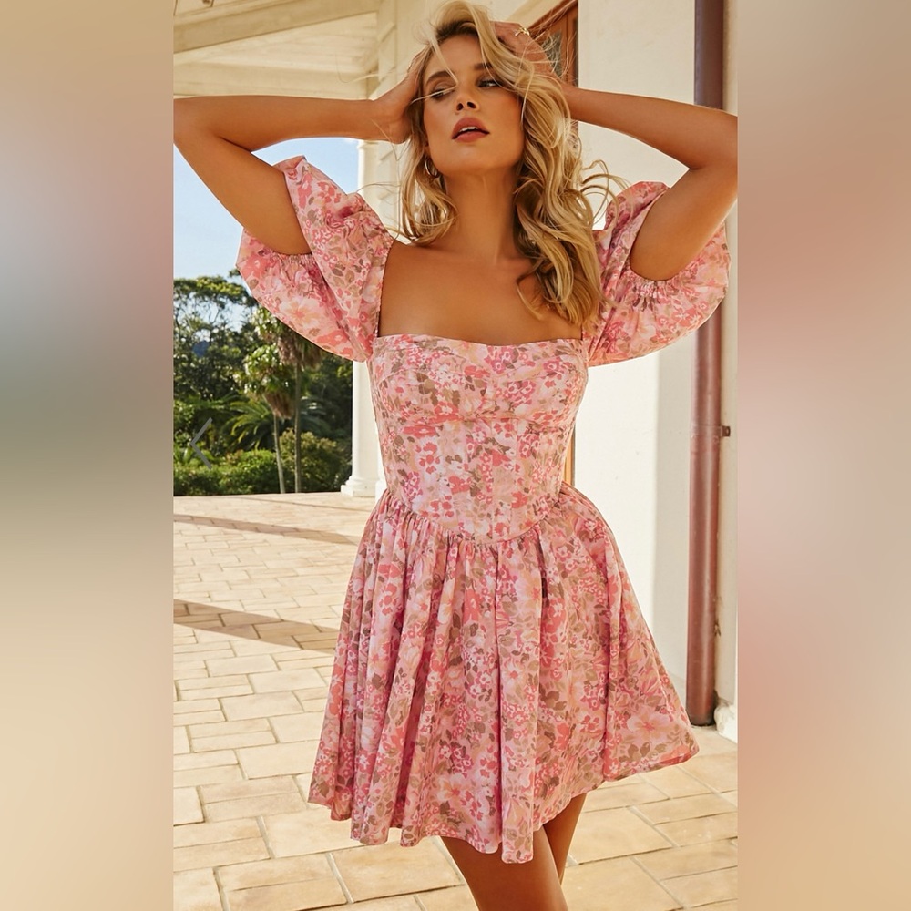 PHORCHIA MINI DRESS - FIT AND FLARE PUFF SLEEVE CORSET DRESS, FLEUR PRINT, Sz 14